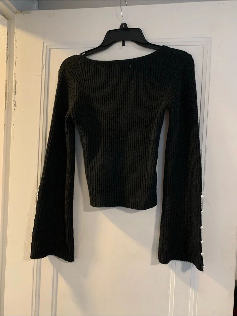 XS Black Long-Sleeve Sweater with Pearl Button Sleeve Detail